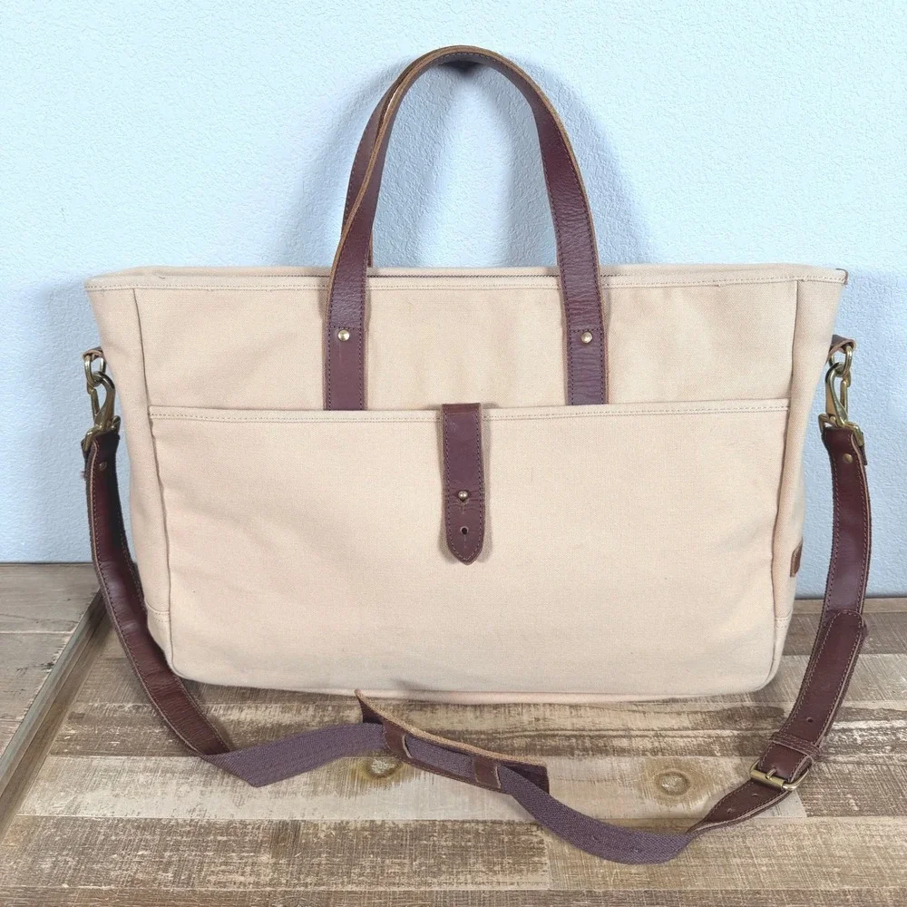United By Blue Messenger Bag Beige Canvas Leather Laptop Briefcase